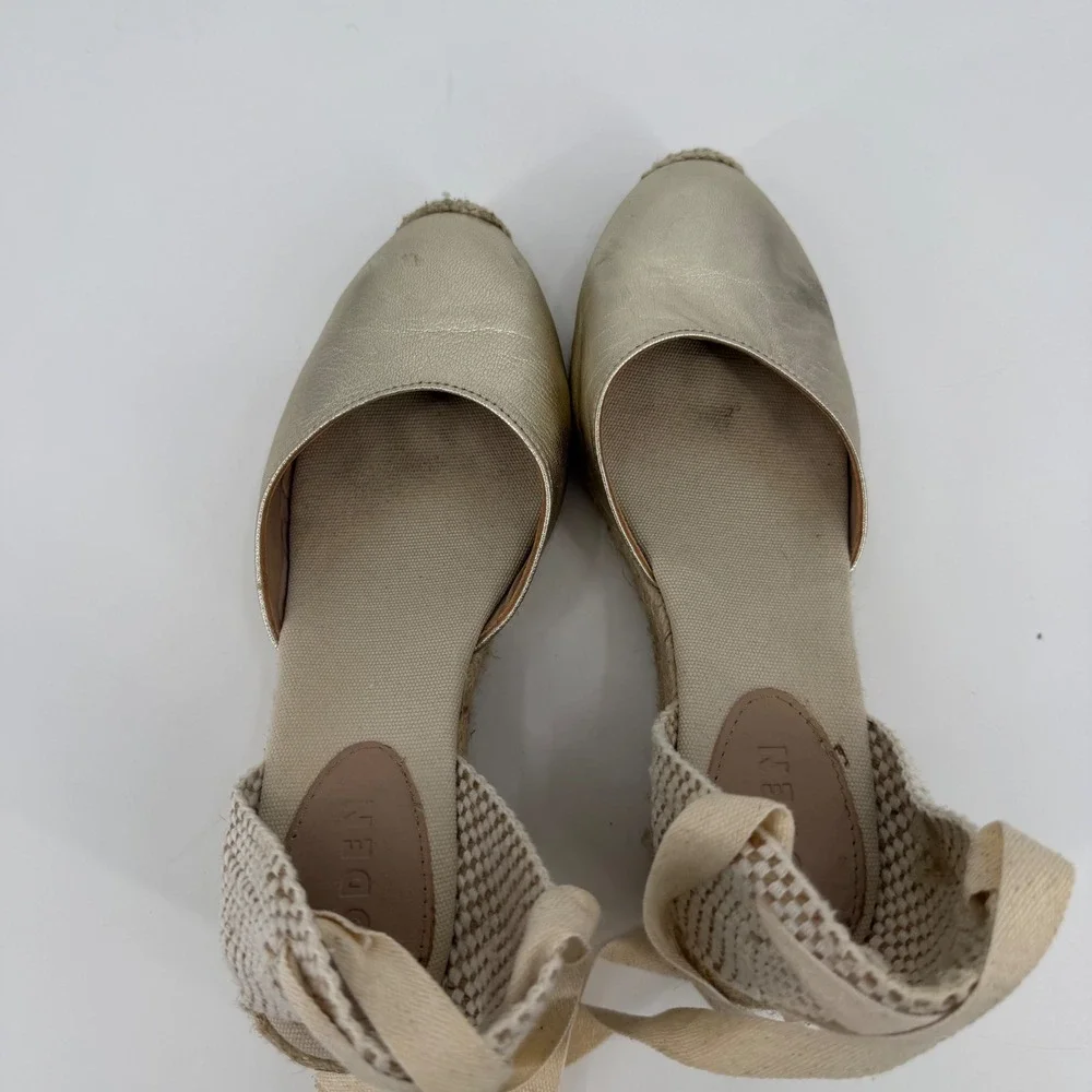 Boden Metallic Gold Espadrille Wedges Ribbon Ankle Tie Made in Spain Size 38